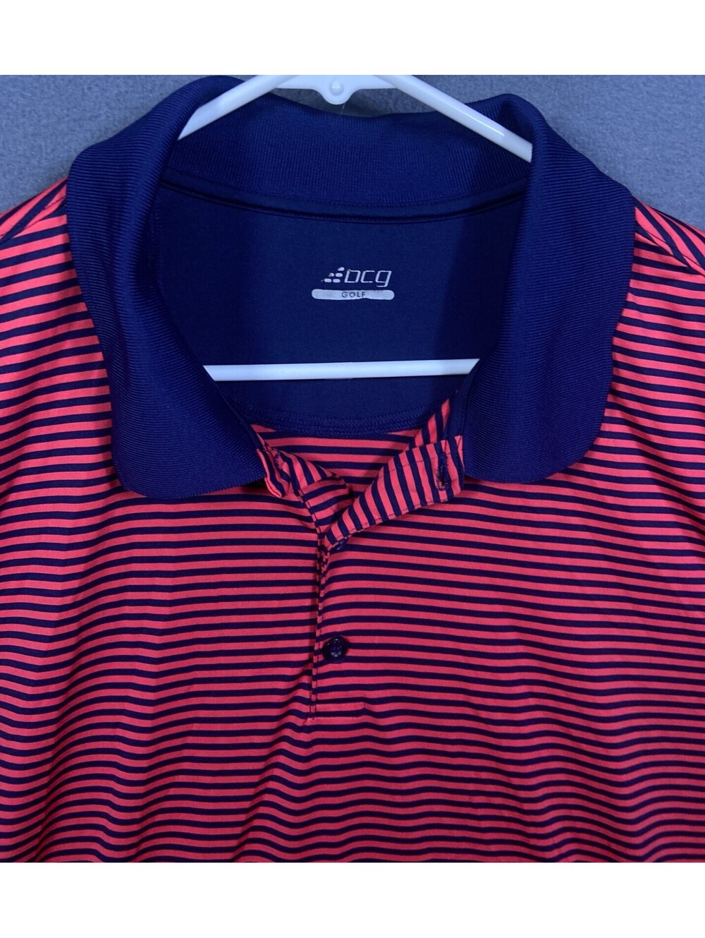 bcg Men’s Tru-Wick Golf Polo Shirt Sz L 23x31 Pale Red and Navy Blue Striped EUC